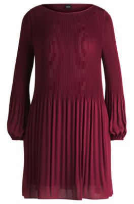 Hugo Boss Regular-fit Dress With Pliss Pleats And Crew Neckline In Dark Red