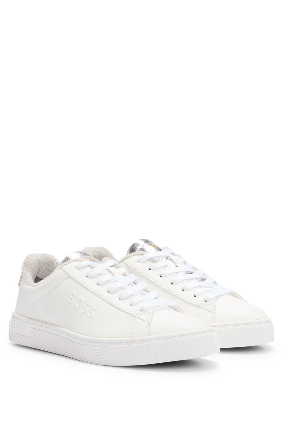 Mixed-material low-top sneakers with embossed logo, White