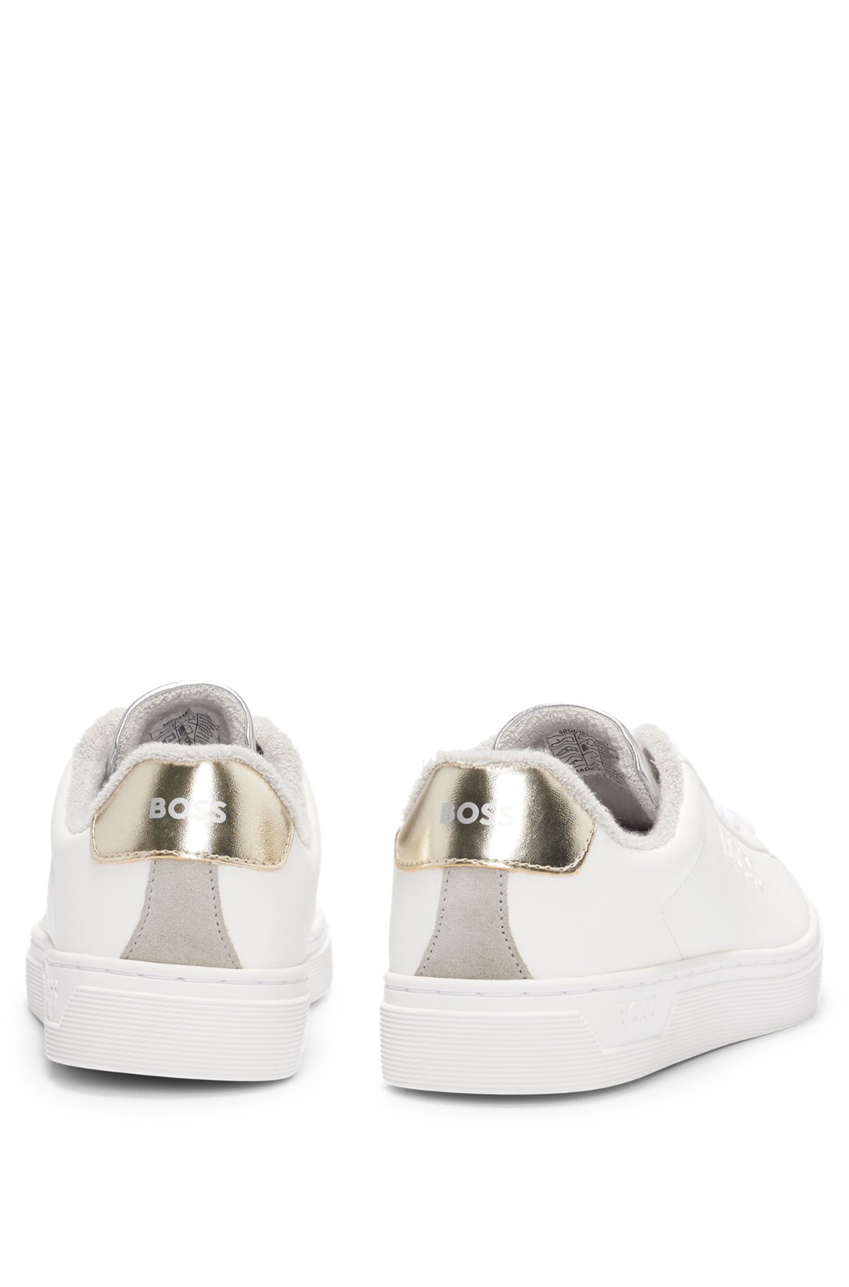 Mixed-material low-top sneakers with embossed logo, White