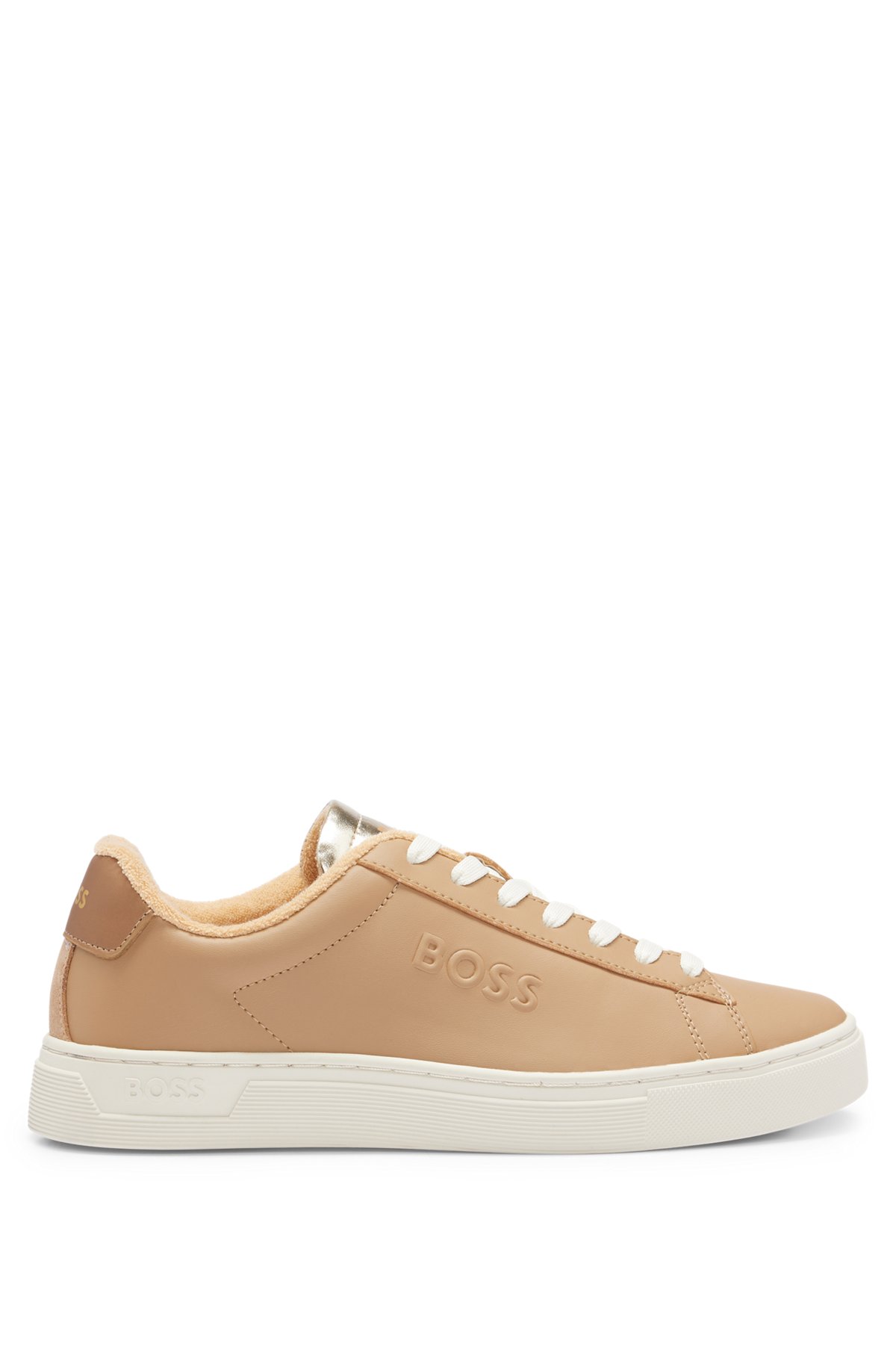 Mixed-material low-top sneakers with embossed logo, Beige