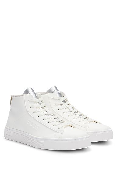 Leather-faced sneakers with gold-tone branding, White