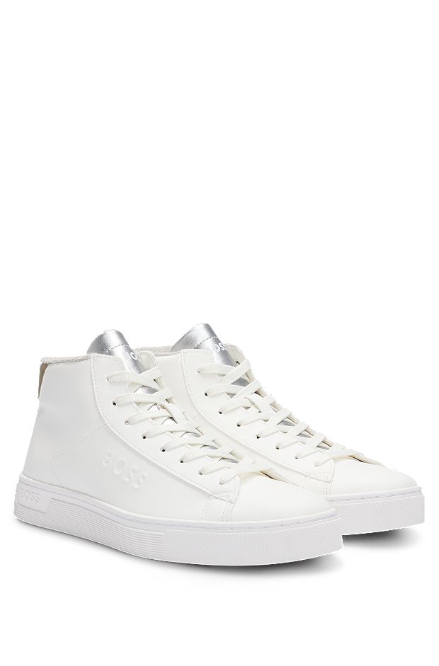 Leather-faced sneakers with gold-tone branding, White