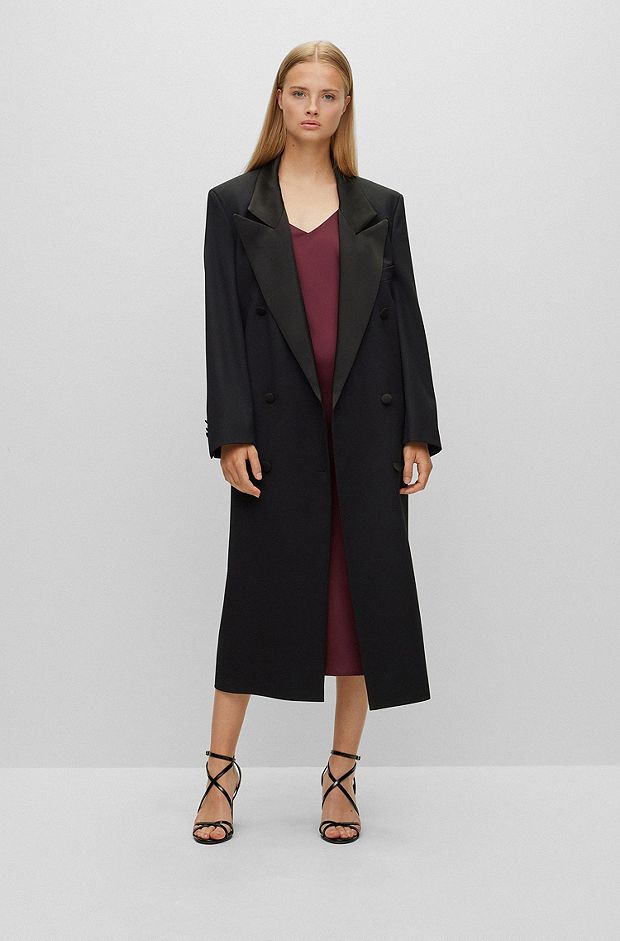 Oversize-fit tuxedo coat in a wool blend, Black