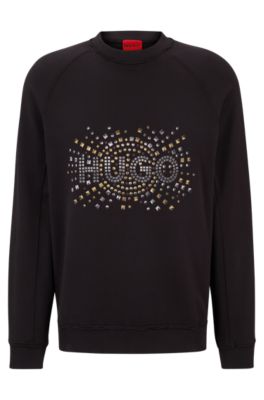 Hugo Cotton-terry Sweatshirt With Stud-effect Logo Artwork In Black