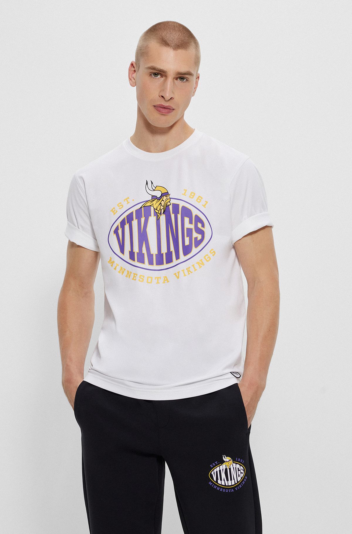  Camiseta de algodón elástico BOSS x NFL con detalle de la colaboración, Vikings