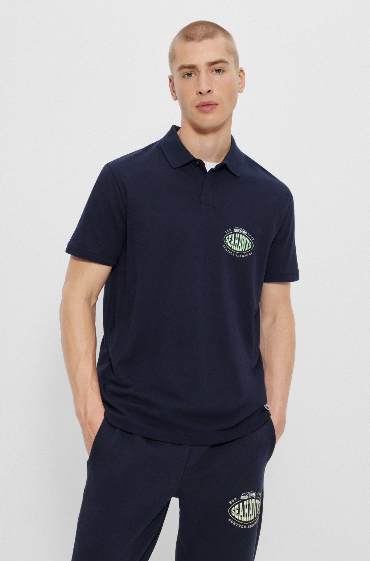 BOSS x NFL cotton-piqué polo shirt with collaborative branding, Seahawks