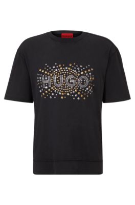 Shop Hugo Cotton-jersey T-shirt With Stud-effect Artwork In Black
