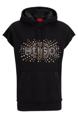 Hugo Sleeveless Cotton Hoodie With Stud-effect Artwork In Black