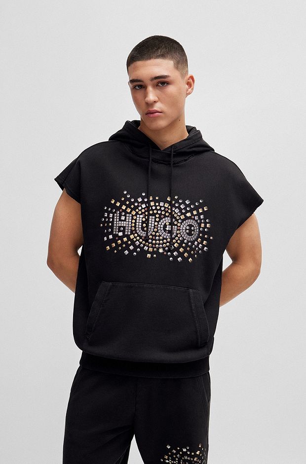 Sleeveless cotton hoodie with stud-effect artwork, Black