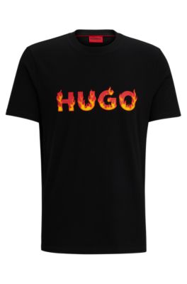 Shop Hugo Cotton-jersey T-shirt With Puffed Flame Logo In Black