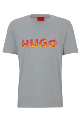 Hugo Cotton-jersey T-shirt With Puffed Flame Logo In Grey