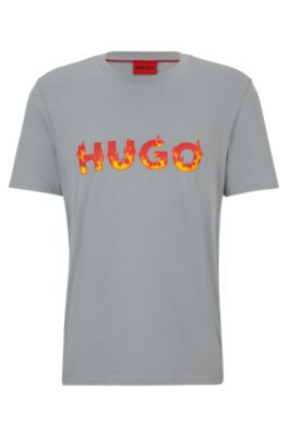 Hugo Boss Cotton-jersey T-shirt With Puffed Flame Logo In Grey