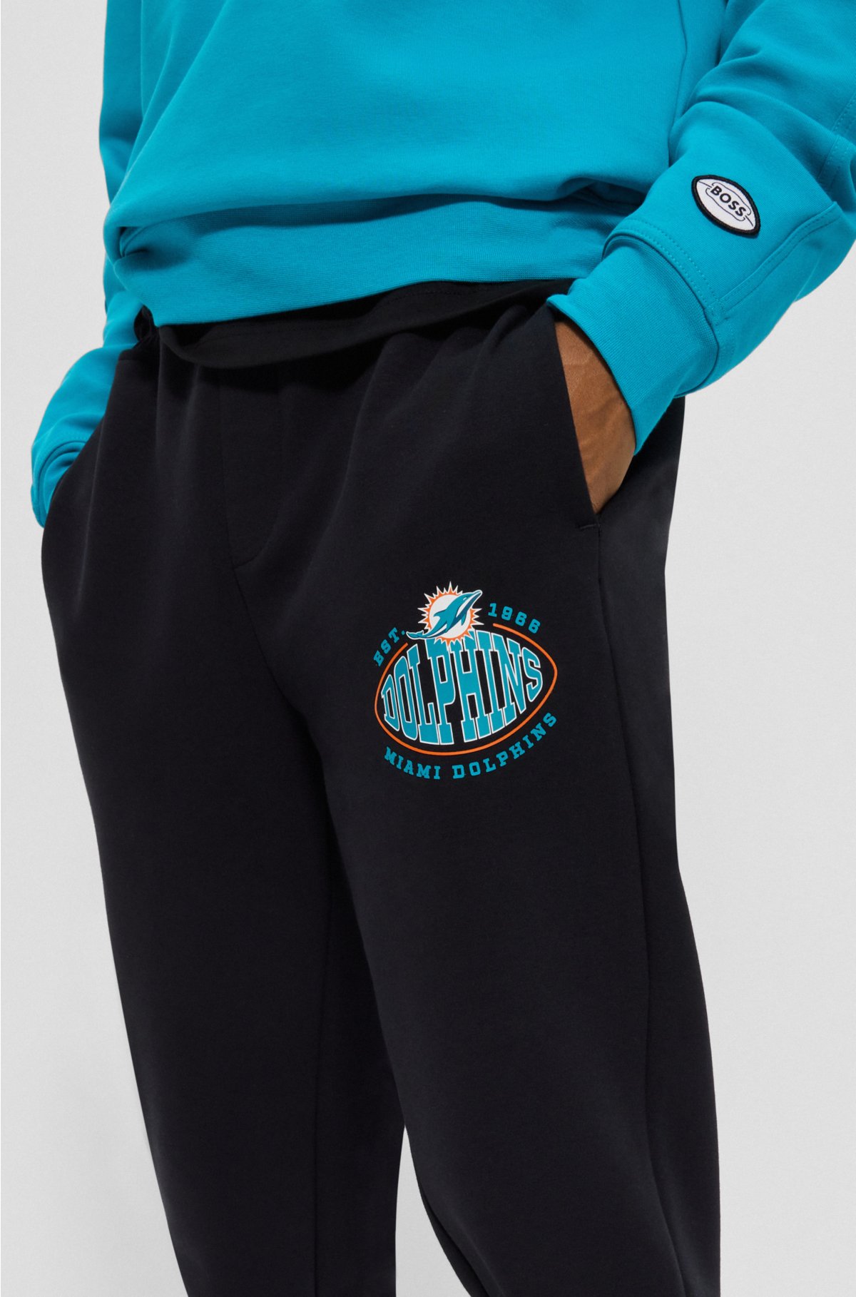BOSS x NFL cotton-blend tracksuit bottoms with collaborative branding, Dolphins