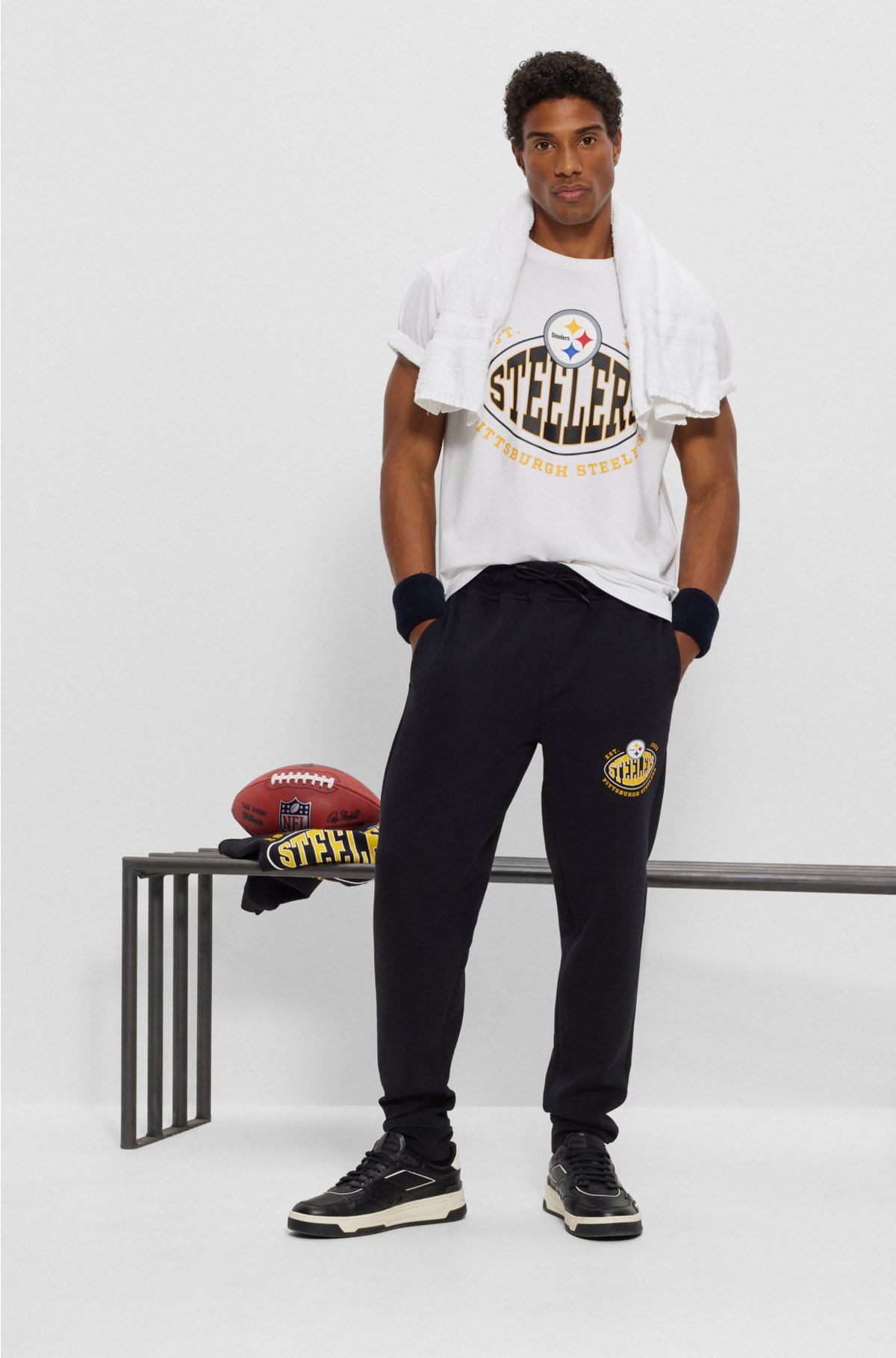BOSS x NFL cotton-blend tracksuit bottoms with collaborative branding, Steelers