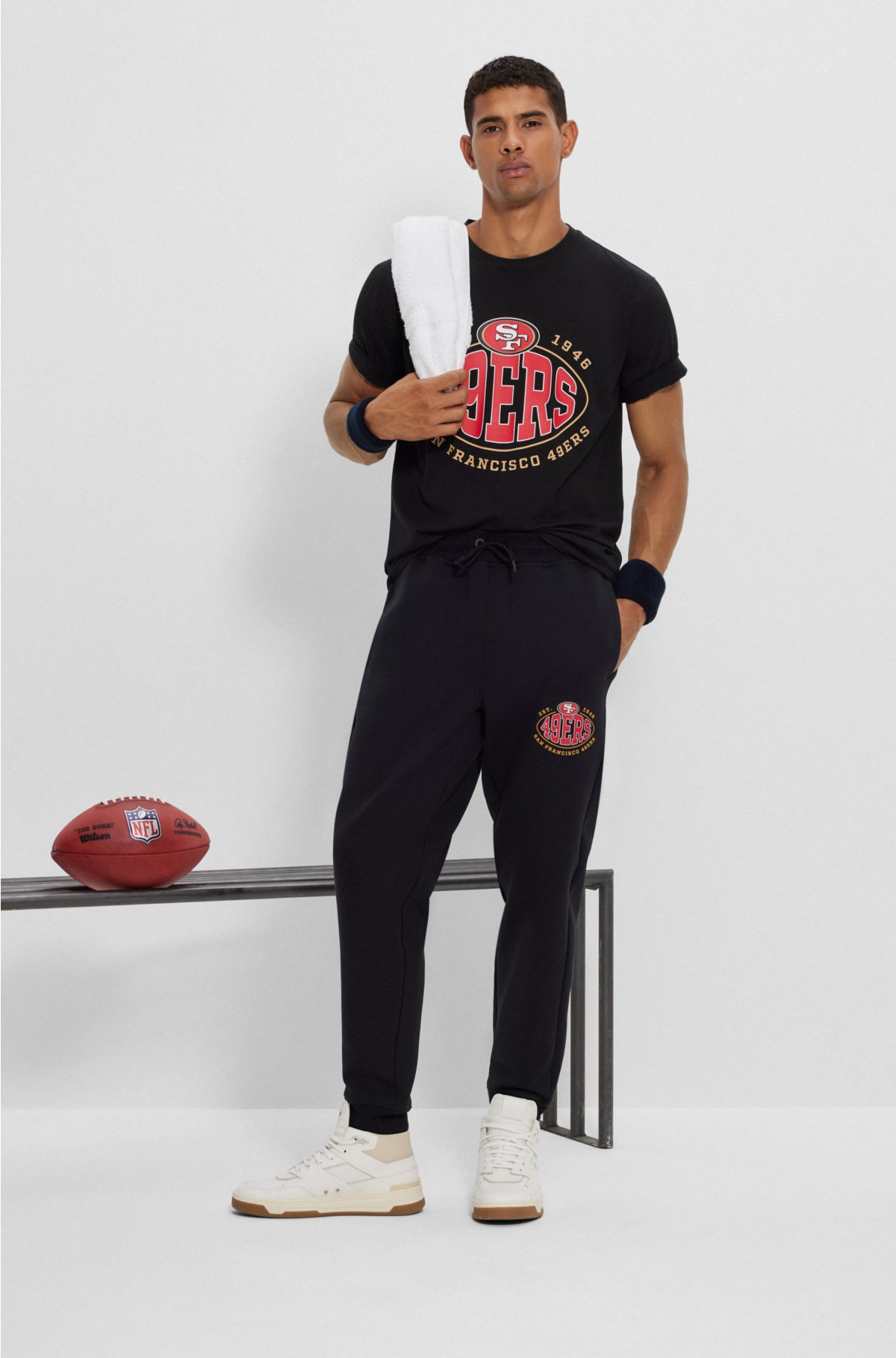 BOSS x NFL cotton-blend tracksuit bottoms with collaborative branding, 49ers