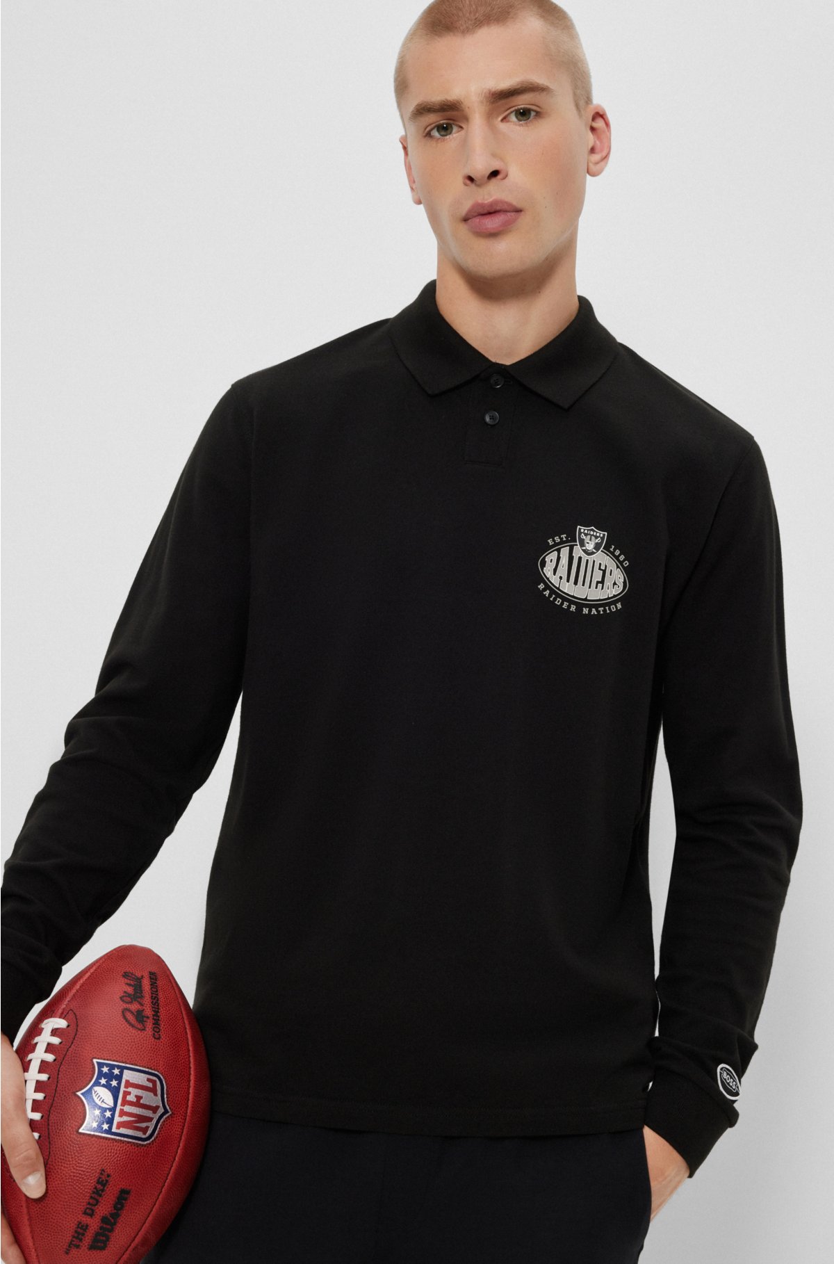 BOSS x NFL long-sleeved polo shirt with collaborative branding, Raiders