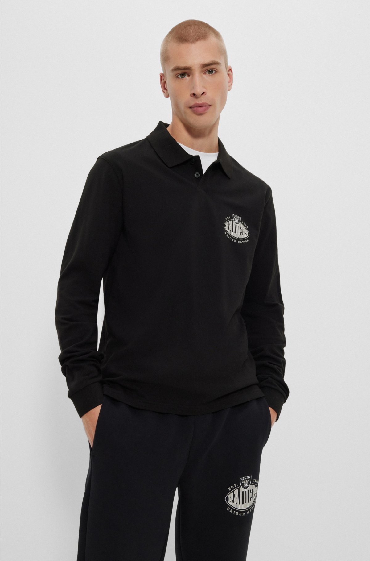 BOSS x NFL long-sleeved polo shirt with collaborative branding, Raiders