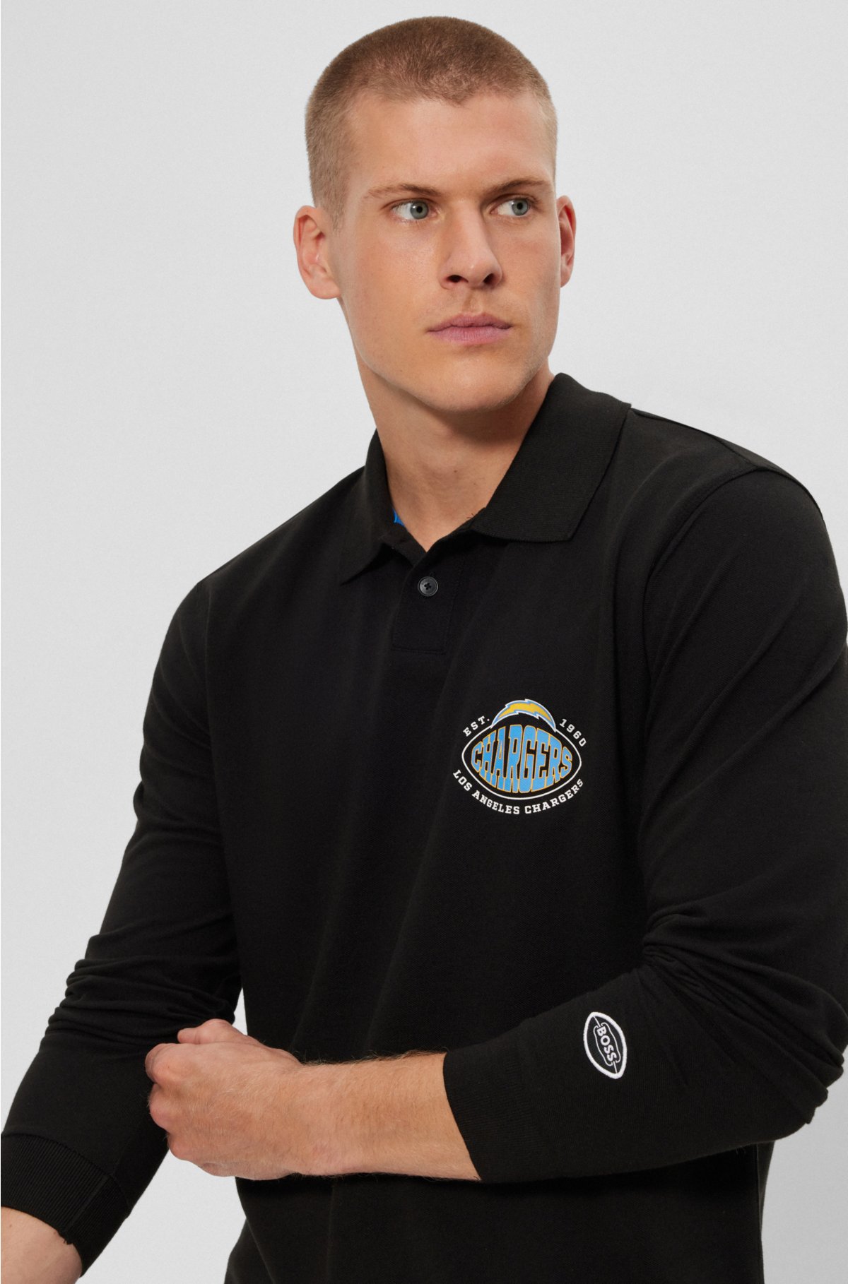 BOSS x NFL long-sleeved polo shirt with collaborative branding, Chargers