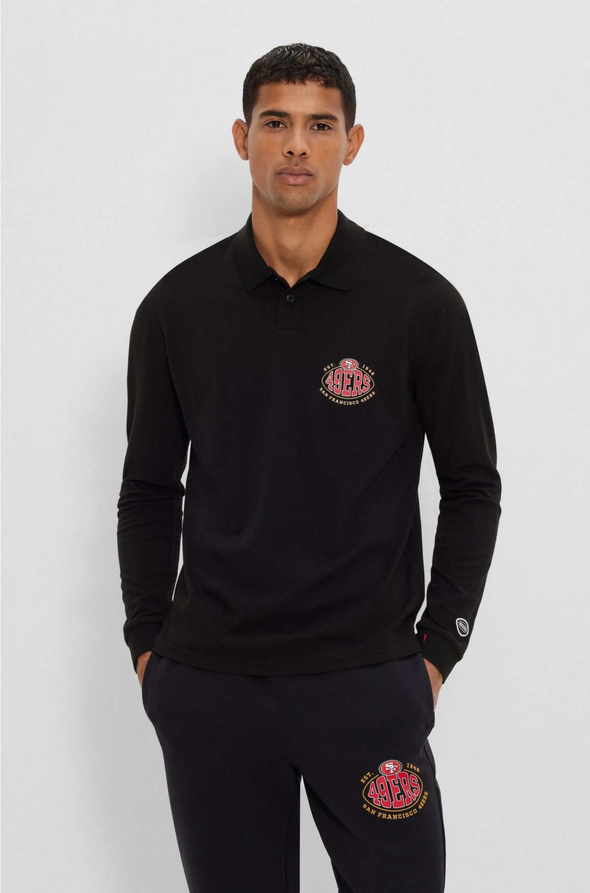 BOSS x NFL long-sleeved polo shirt with collaborative branding, 49ers