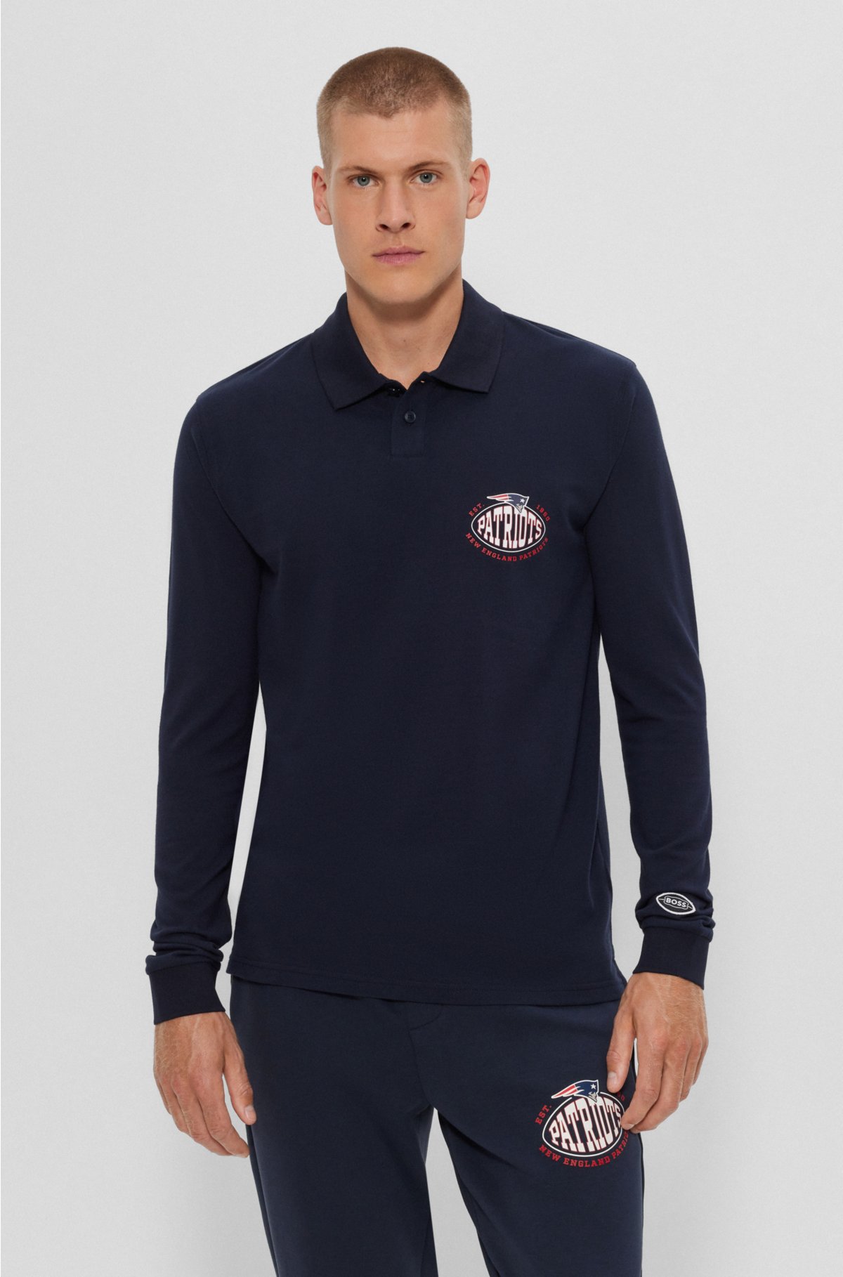 BOSS x NFL long-sleeved polo shirt with collaborative branding, Patriots