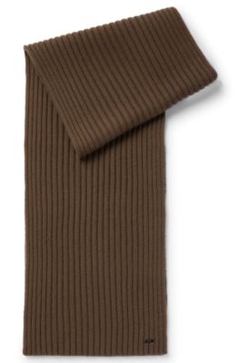 Hugo Boss Rib-knit Cashmere Scarf With Metal Logo Plaque In Brown