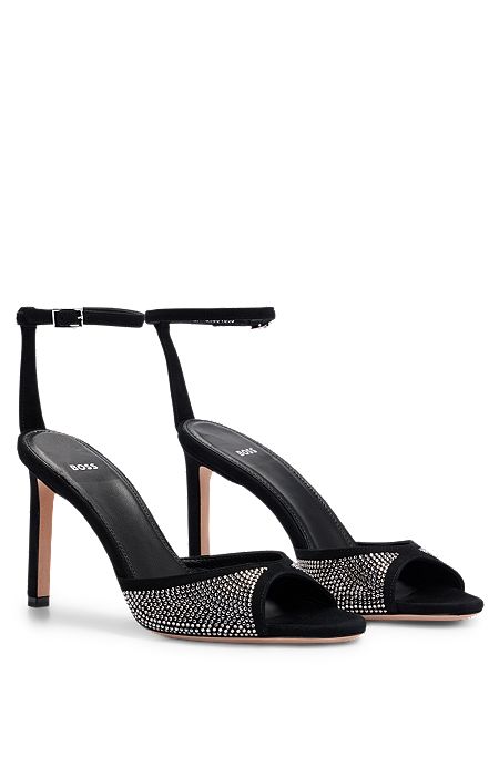 Suede sandals with crystal studs and buckle, Black