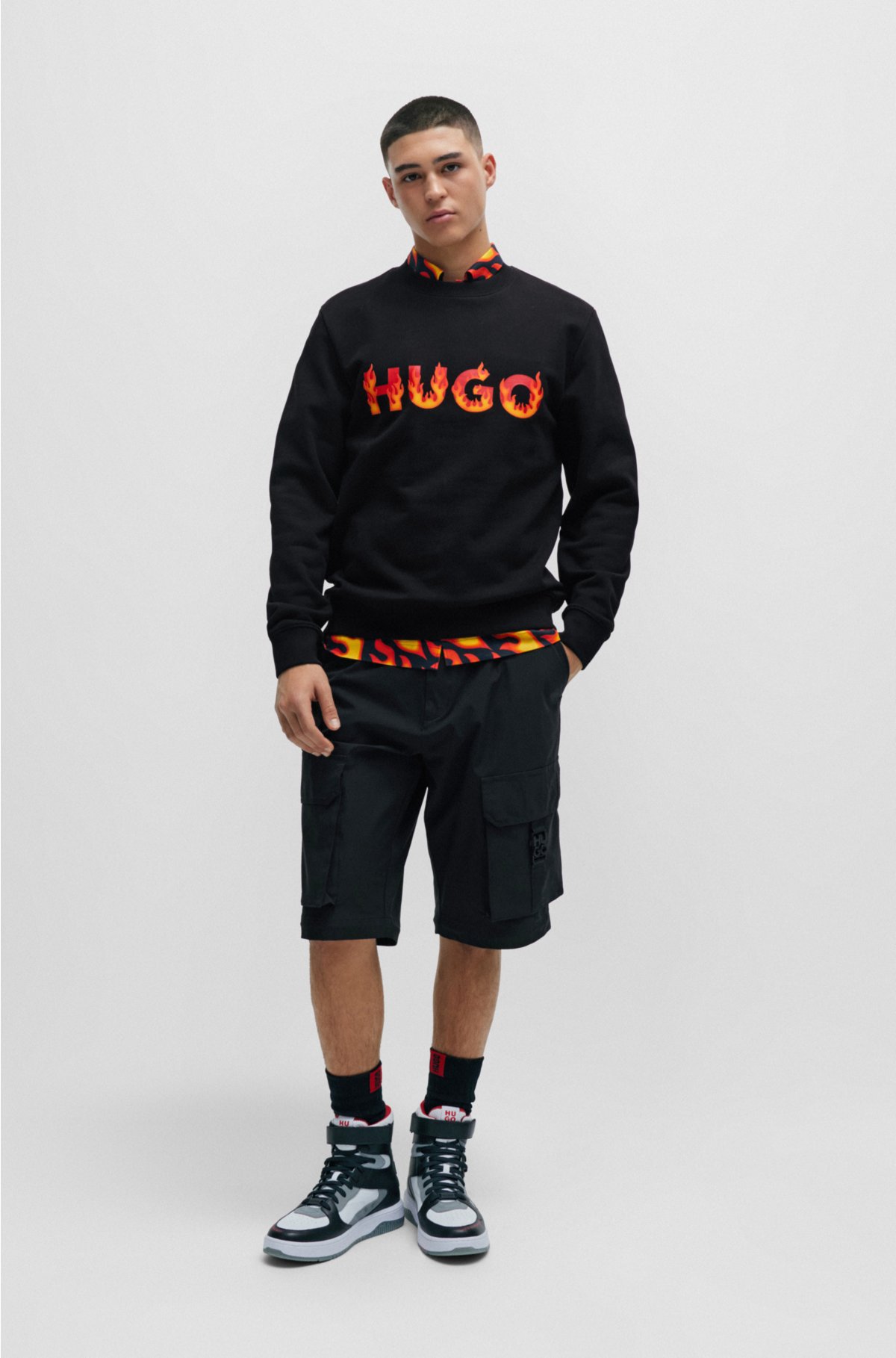HUGO - Cotton-terry sweatshirt with flame puffed logo