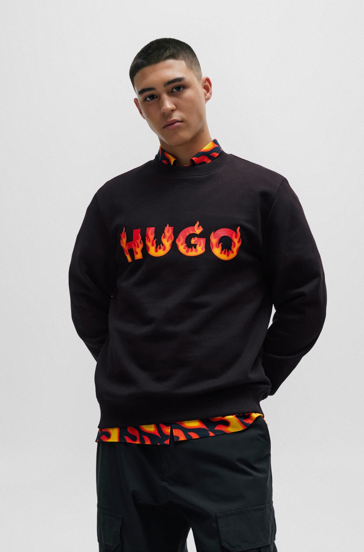HUGO - Cotton-terry sweatshirt with puffed flame logo