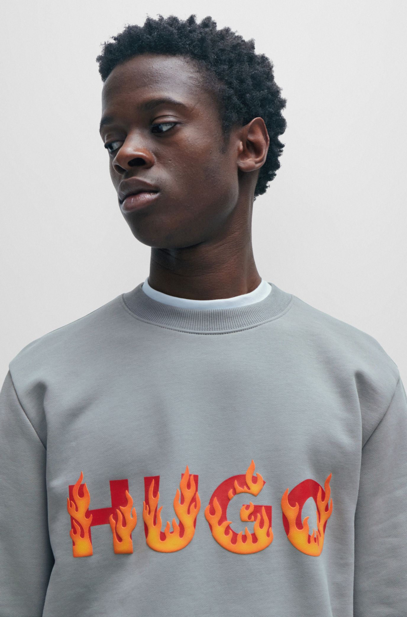 HUGO - Cotton-terry sweatshirt with puffed flame logo