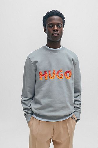 Cotton-terry sweatshirt with puffed flame logo, Grey