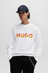 Cotton-terry sweatshirt with puffed flame logo, White