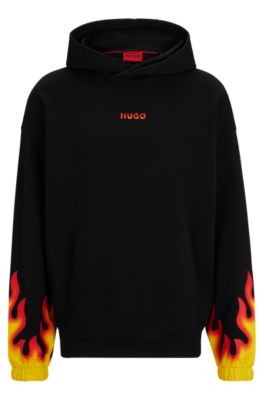 Shop Hugo Cotton-terry Hoodie With Puffed Flame Logo In Black