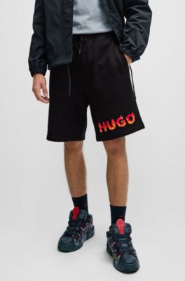 Cotton-terry shorts with puffed flame logo, Black