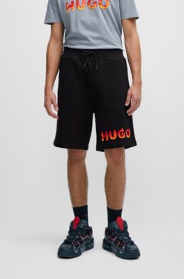 Cotton-terry shorts with puffed flame logo, Black