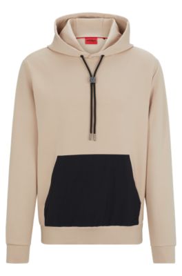 Hugo Relaxed-fit Hoodie In Stretch Cotton With Contrast Pocket In Beige