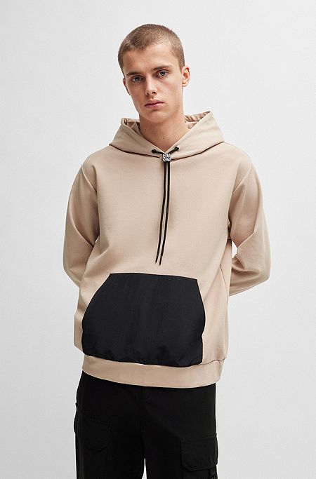Relaxed-fit hoodie in stretch cotton with contrast pocket, Beige