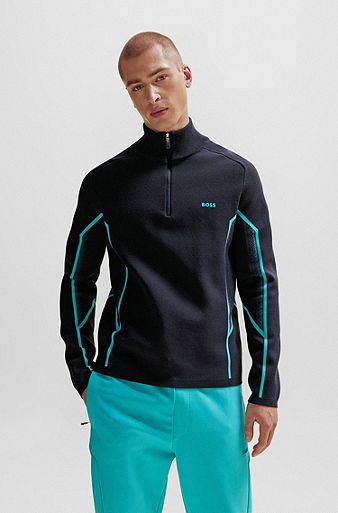 Zip-neck regular-fit sweater with degradé jacquard, Dark Blue