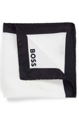 BOSS Silk pocket square with border and logo Black