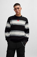Cotton sweatshirt with block stripes and red logo label, Patterned