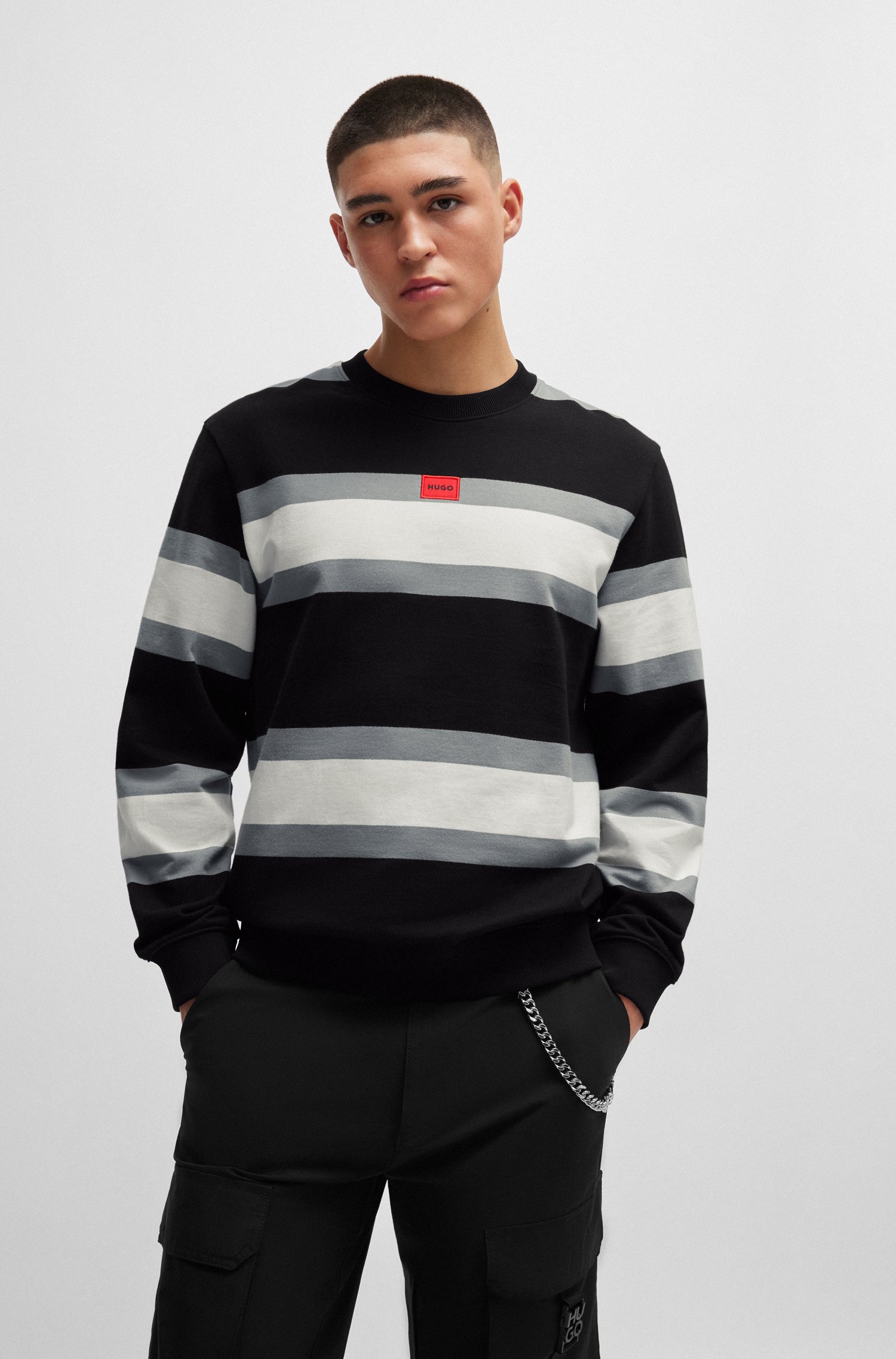 Cotton sweatshirt with block stripes and red logo label