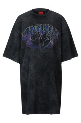 Vestido estilo camiseta de punto de algod&oacute;n con estampado de temporada, Negro