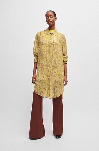 Relaxed-fit long-length blouse in printed canvas, Patterned