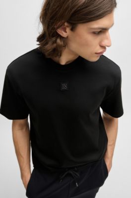 T-shirt en coton interlock avec badge logo m&eacute;tallique revisit&eacute;, Noir