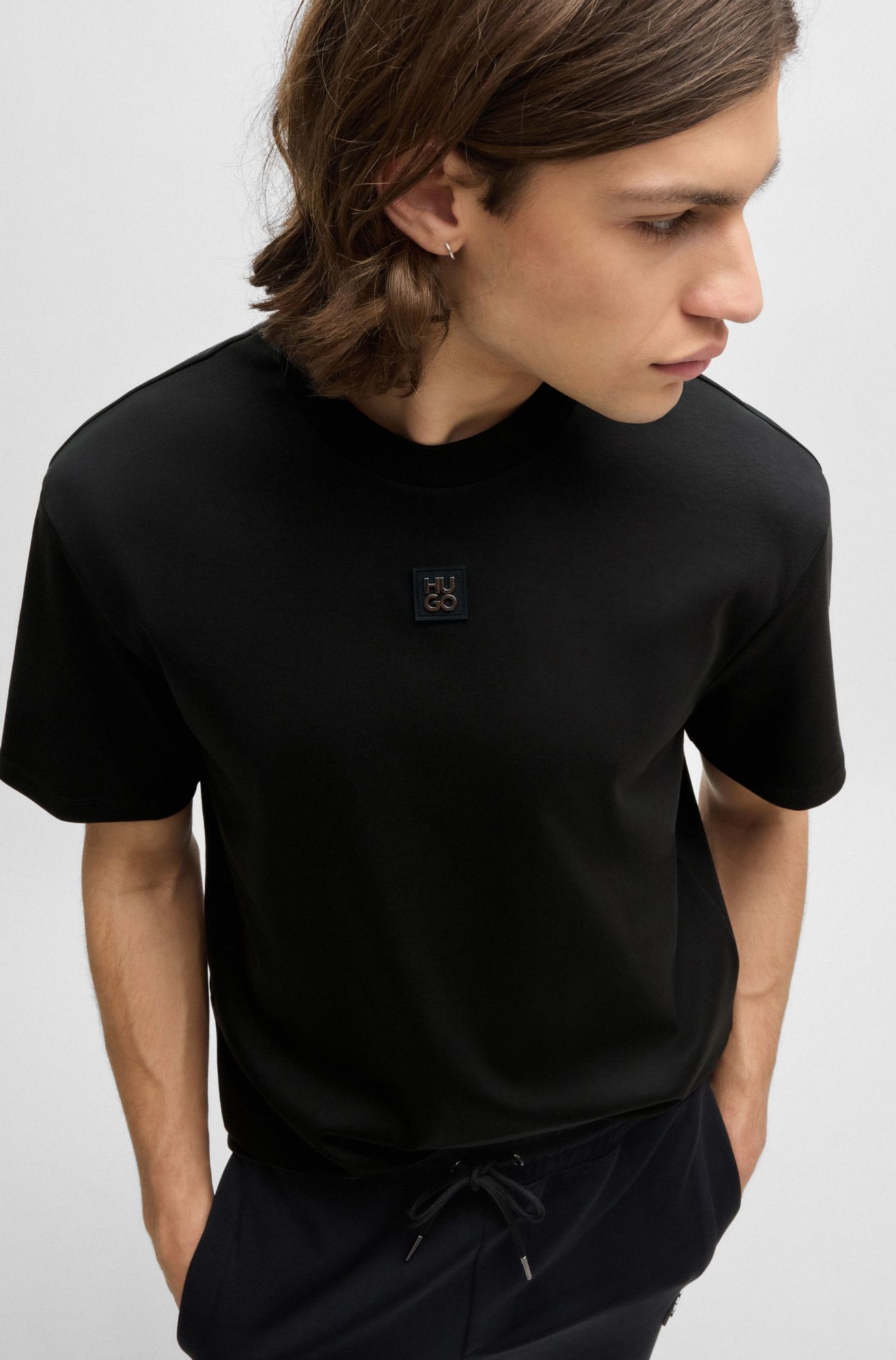 HUGO - Interlock-cotton regular-fit T-shirt with stacked