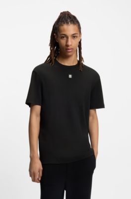 Interlock-cotton T-shirt with metallic stacked-logo badge, Black