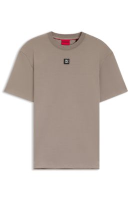 Interlock-cotton T-shirt with metallic stacked-logo badge, Light Brown