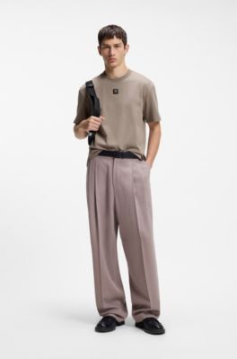 Interlock-cotton T-shirt with metallic stacked-logo badge, Light Brown