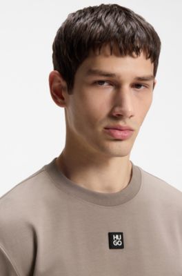 Interlock-cotton T-shirt with metallic stacked-logo badge, Light Brown