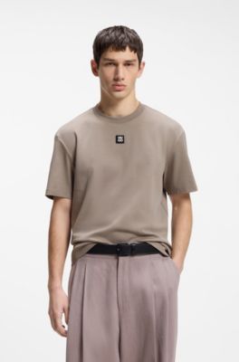 Interlock-cotton T-shirt with metallic stacked-logo badge, Light Brown