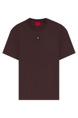 T-shirt en coton interlock avec badge logo m&eacute;tallique revisit&eacute;, Brun chin&eacute;